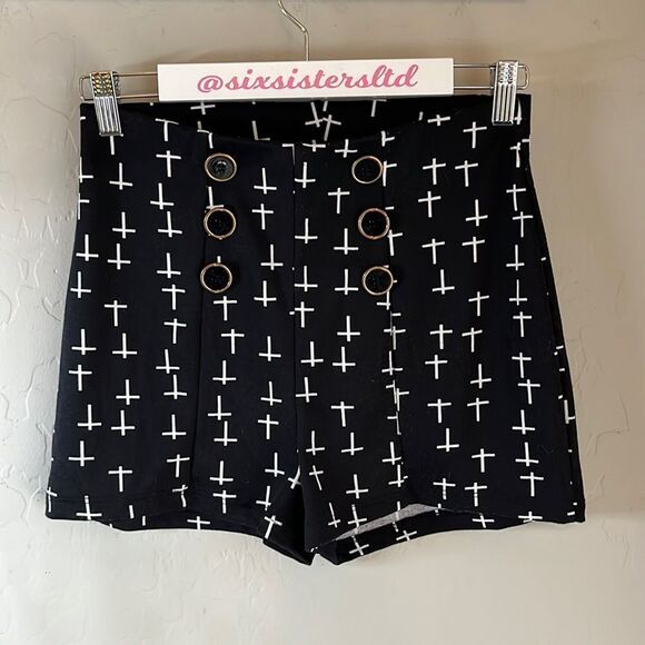Deb black shorts with tiny white crosses and military style buttons Size medium - Picture 4 of 9